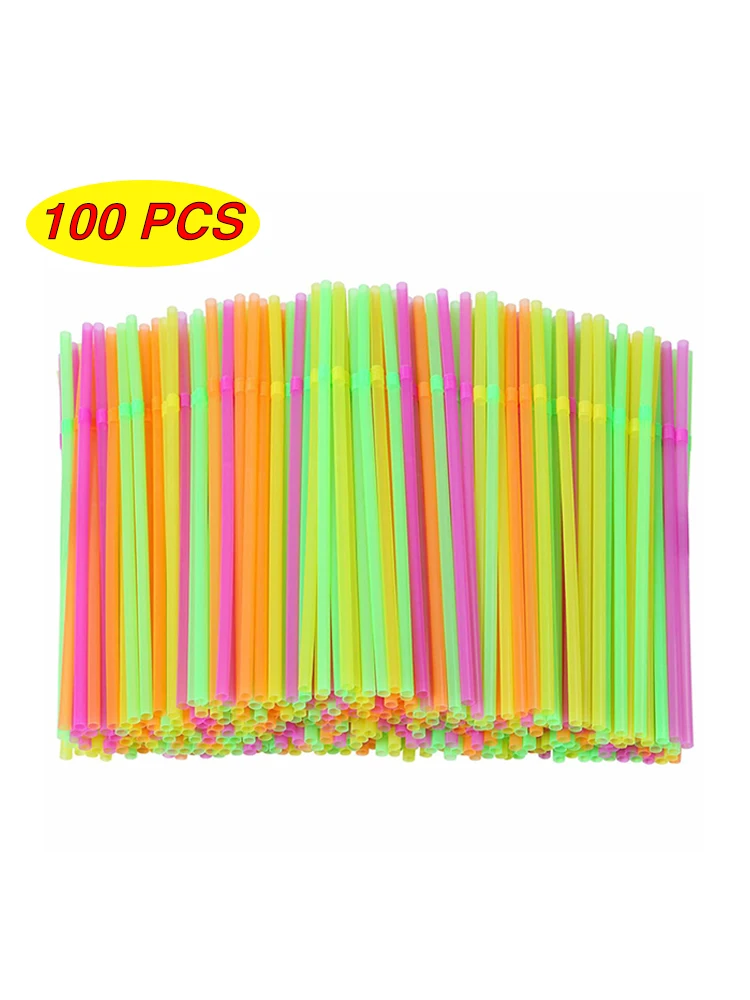 100Pcs Fluorescent Plastic Bendable Drinking Straws Disposable Beverage Straws Wedding Decor Mixed Colors Party Supplies