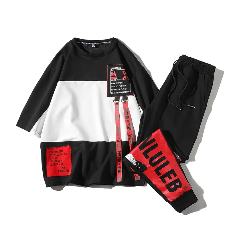 

Streetwear Hip Hop 2 Pieces Set Mens Tracksuit Loose Hooded Sweatshirts Men Jacket+Pants Sets Patchwork Joggers Pants Sport suit