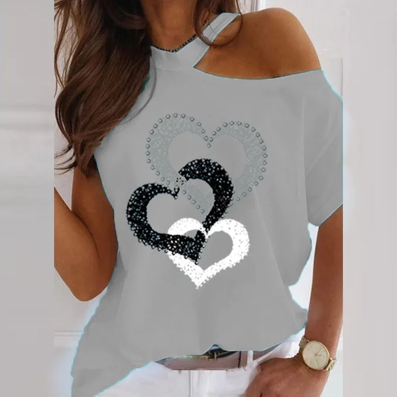 

Sexy Summer Heart Print Short Sleeve Shirt Women Casual Off Shoulder Loose O Neck Tshirt Plus Size Fashion Pullover Clothes Tops