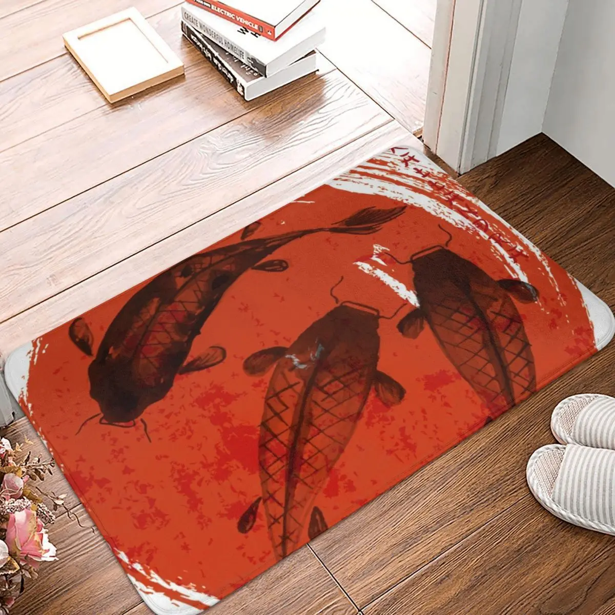 

Koi Карп и красное солнце чернильная живопись, коврик, нескользящий коврик из полиэстера, для коридора, кухни, спальни, балкона, туалета