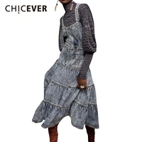 chicever slim denim sling dress for women square collar sleeveless high waist casual a line mid dresses 2021 fashion clothes new