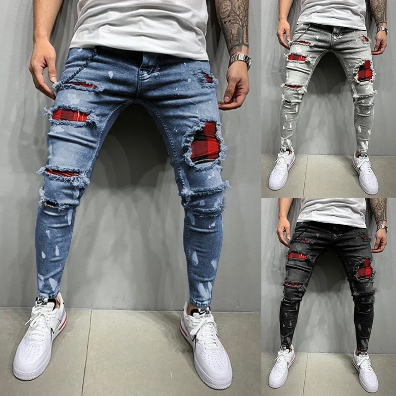 

Men's Quilted Embroidered jeans Skinny Jeans Ripped Grid Stretch Denim Pants MAN Elastic Waist Patchwork Jogging Denim Trousers