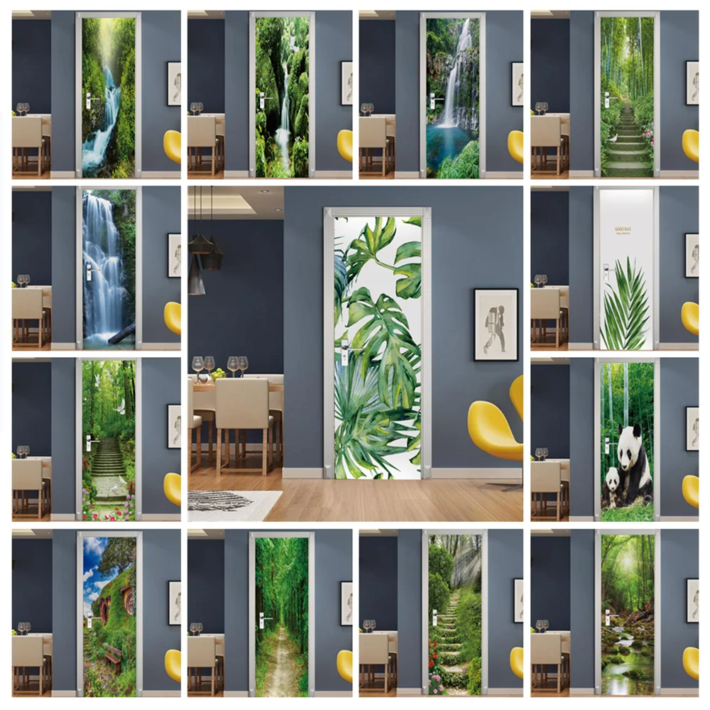 Plant Jungle Landscape Door Stickers Bedroom Bathroom Decoration Boys Girls Room Window Wall 3d Wallpaper Entrance Poster Mural