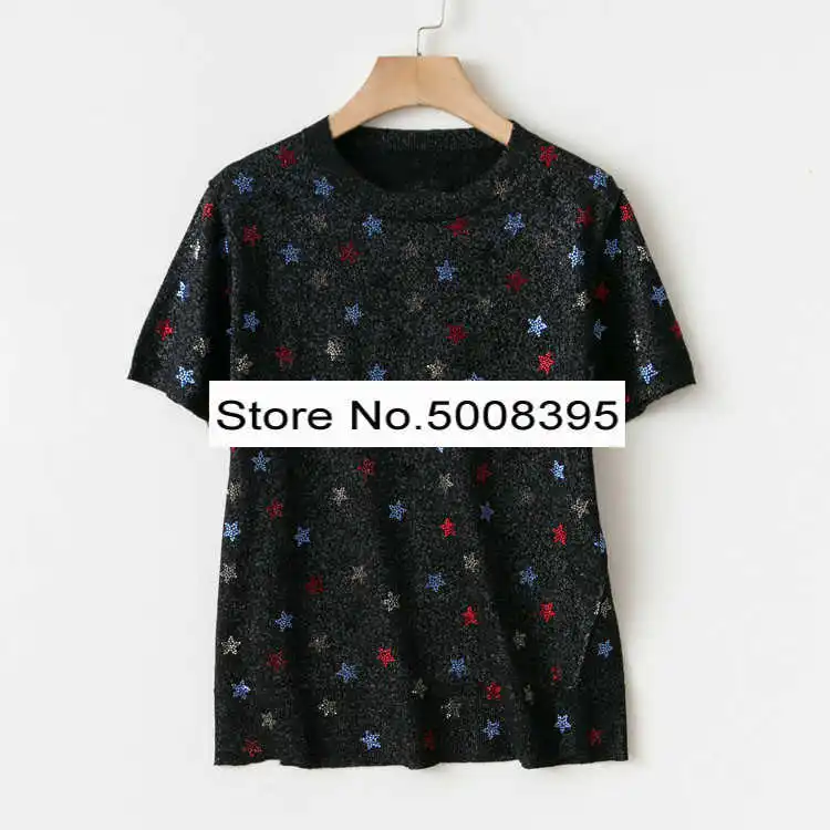 

Woman Stars Strass Rhinestones Stamping Rond Neck Short Sleeves Linen Knitted T-shirt Fashion tops TEES 2021
