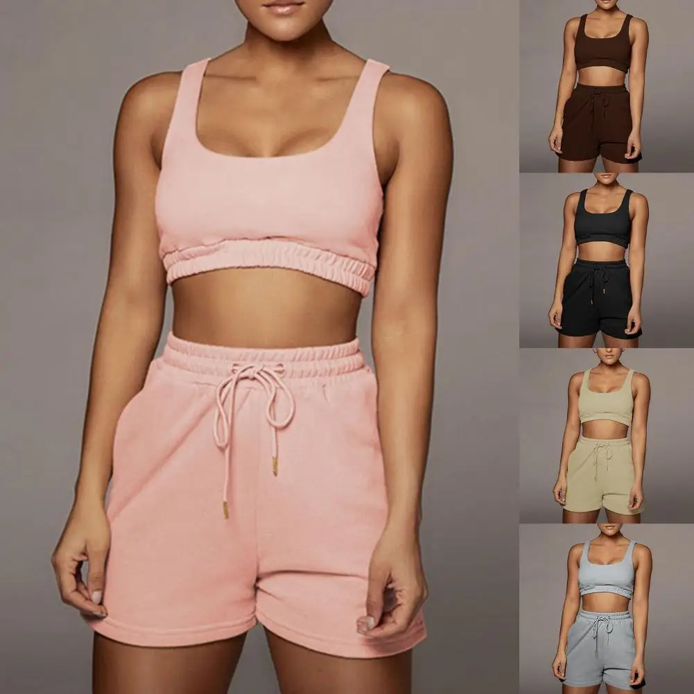 

2pcs Women Shorts Set Solid Color Sexy Outfits Women Sleeveless Tube Top Bras Drawstring Shorts Two Piece Set Women Tracksuits