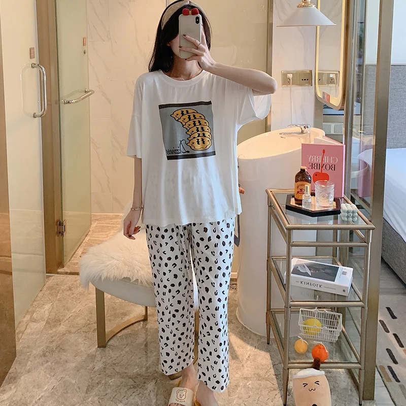 

Modal Pajamas Women's Summer White Thread Short Sleeve Trousers Suit Thin Loose Home Wear Spring and Autumn Can Be Worn outside