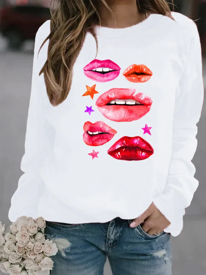 

Red Lip Printed Hoodies Women Fleece Long Sleeve O Neck Loose Sweatshirt Girls Women Hoodie Pullovers Winter Autumn
