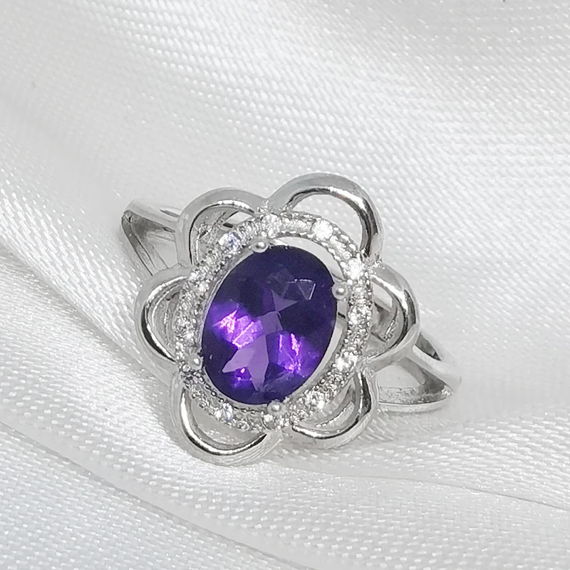 Женское кольцо с натуральным аметистом MeiBaPJ простое из стерлингового серебра 925
