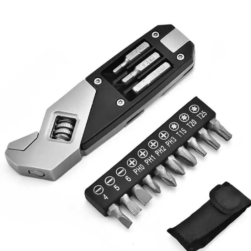 

17 in 1 Adjustable Wrench Foldable Pocket Stainless Steel Multi Tool Multifunctional Spanner Screwdriver Bits Kit Camping