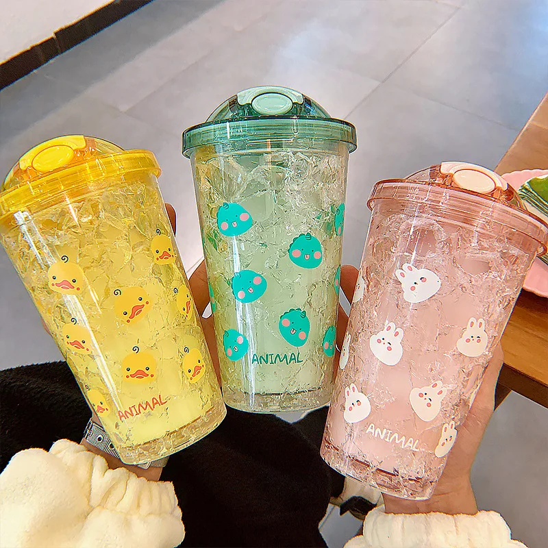 

450ml Bunny Duck Bear Chick Pattern Flower Plastic Cup with Straw Sequin Double Layer Water Bottle Tumbler Drinkware Coffee Mug