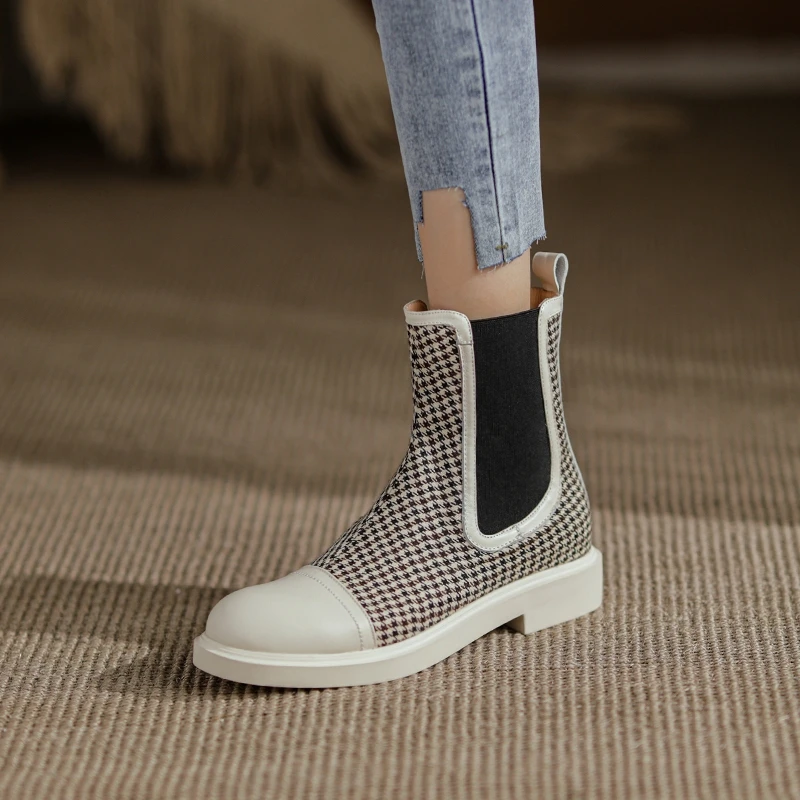 

2021 Модные осенние ботинки без шнурков, женские ботинки из натуральной кожи в клетку, женские красивые базовые ботинки в британском стиле ср...