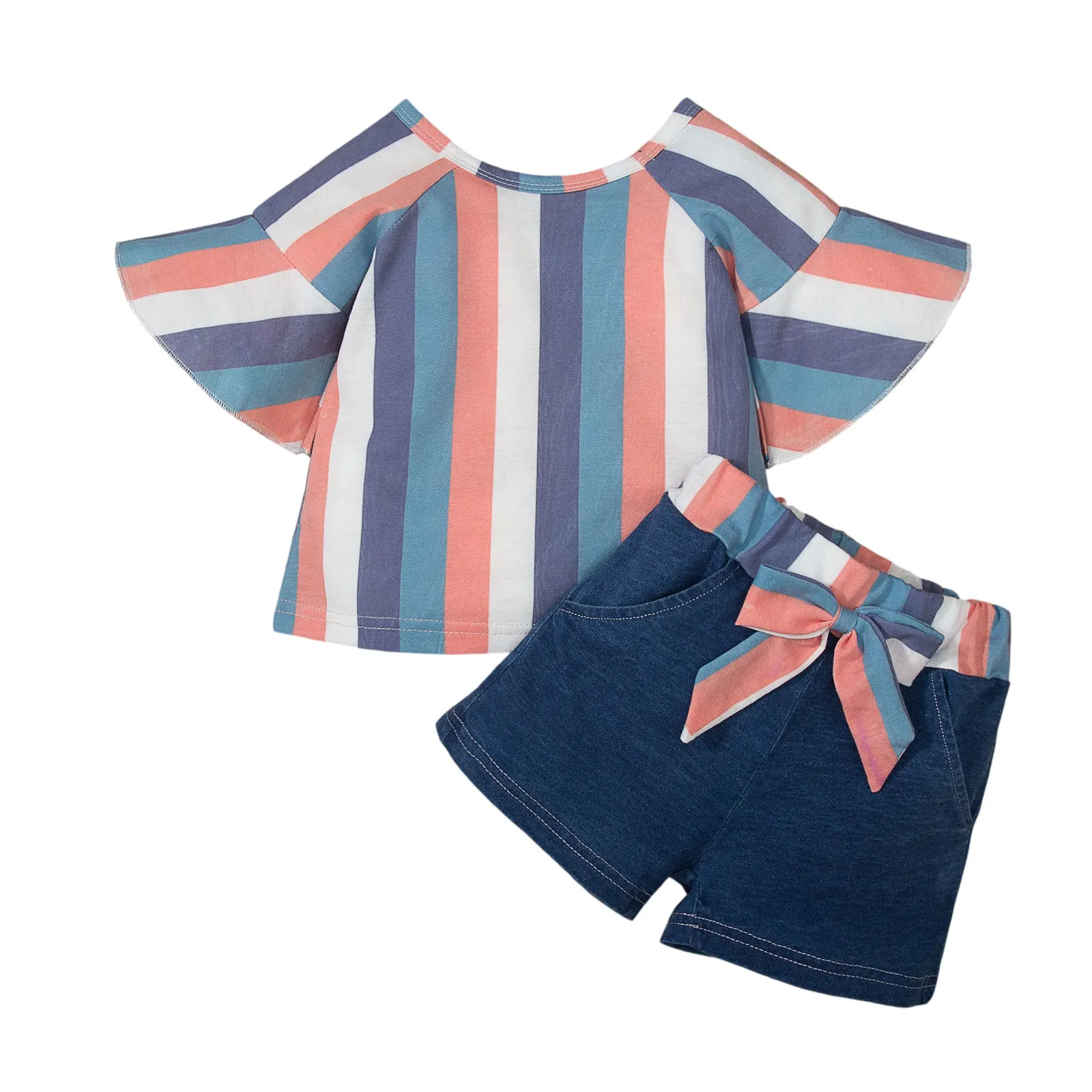 

OPPERIAYA 2Pcs Toddler Summer Tracksuit Striped O-Neck Mandarin Sleeves T-shirt Elastic Waist Shorts for Baby Girls 3-24 Months