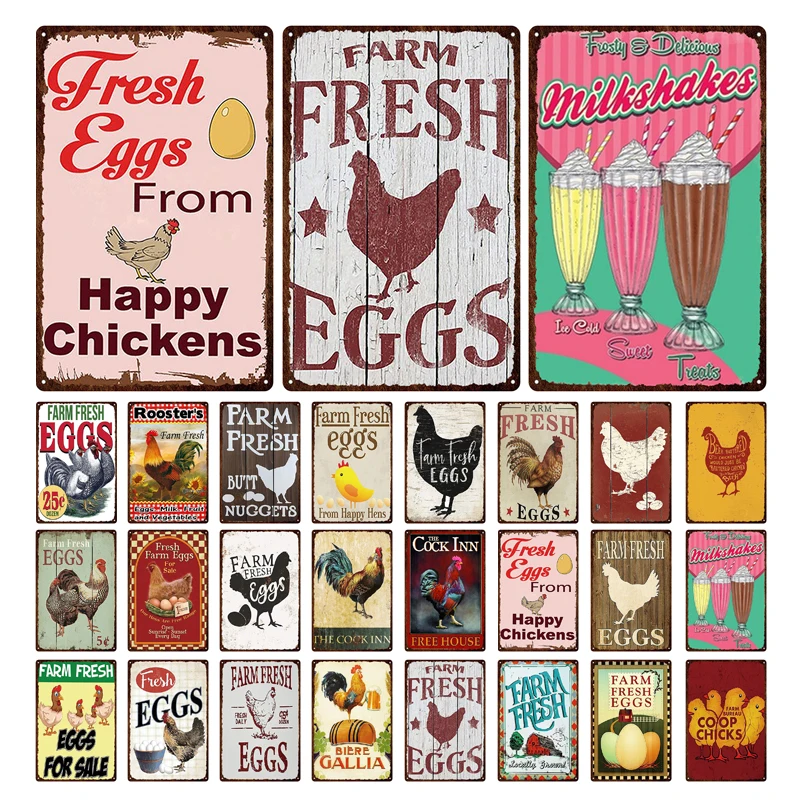 

Fresh Eggs Metal Tin Sign Farm Metal Plate Chicken Coop Shabby Plaque Wall Covering Creative Poster Home Decor Restaurant Bar