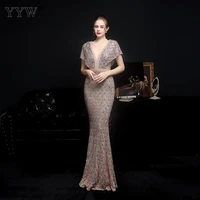 luxury 2021 party elegant woman evening dress gown sexy deep v neck sequin long evening dresses vestido de fiesta de boda