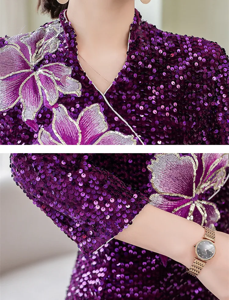 

2021 New Women Spring Elegant Embroideried Bling SequinsParty Show Formal Evening Dress Plus Size Cheongsam
