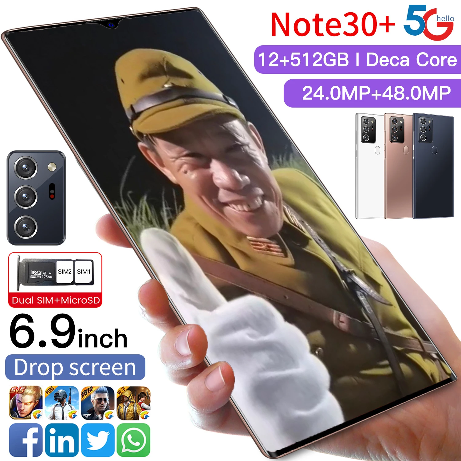

2021 Newest Sansang Galax Note30 Mobile Phone Snapdragon 888 Android 10.0 12GB 512GB 6000mAh Fingerprint Unlock Smart Cellphone