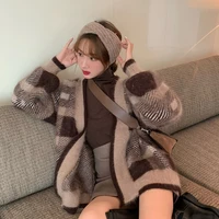 retro plaid long sleeved sweater womens autumn coat 2021 new korean style loose all match knitted cardigan fashion