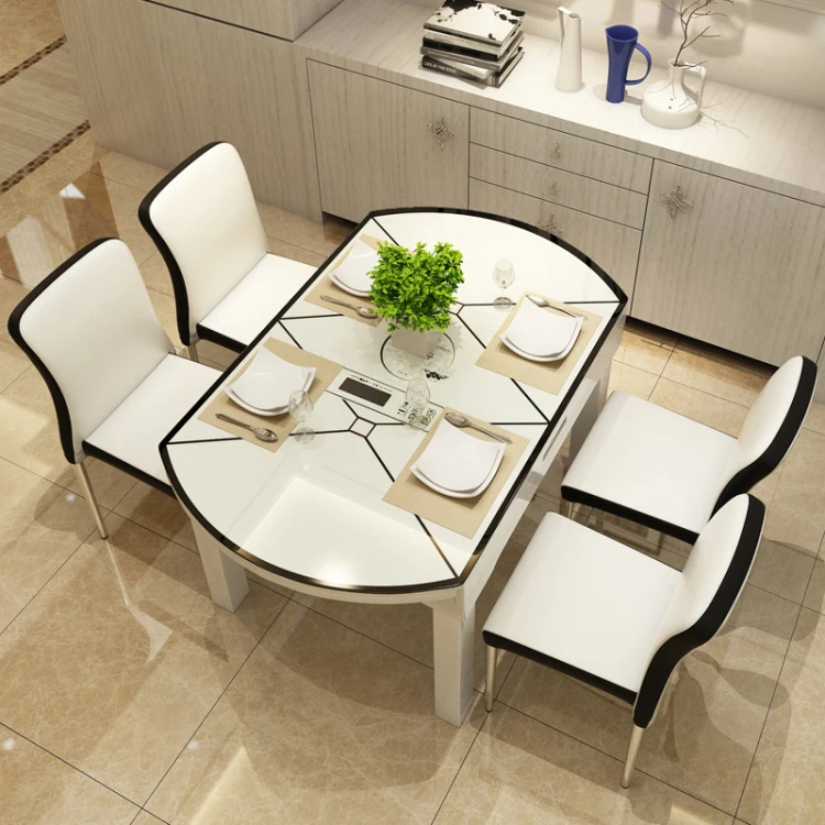 

Combination of dining table and chair modern simple 6-person telescopic dining table circular dining table folding toughened