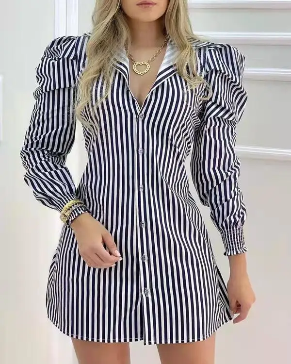 

Elegant fashion puff sleeve striped print loose mini dress Female causal turn-down collar button up shirt dress fall 2021 cloth