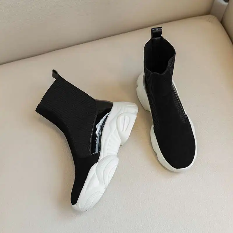 

Lenkisen kid suede round toe flat platform knitting boots patchwork concise design gladiator slip on convenient ankle boots L21