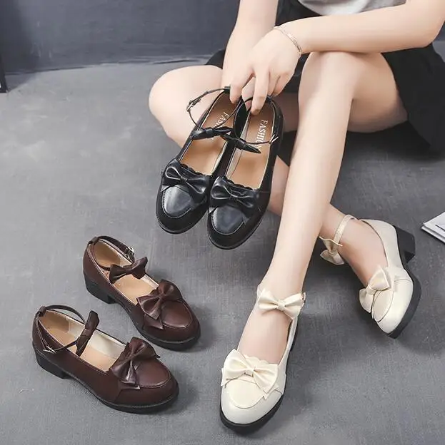 

England style sweet lolita shoes vintage round head thick heel women shoes cute bowknot one-word buckle kawaii shoes loli cos