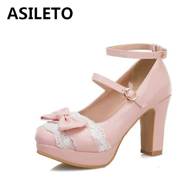 

ASILETO Spring 2023 Ladies Heel Platform Cute Bow Lace Princess Mary Jane Lolita Shoes Party High Heel Buckle Pumps Pink A4359