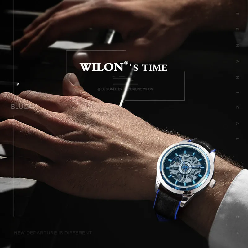 

Elegant Men England Wind Skeleton Watches Mechanical Self-winding Watches Real Leather Strap Wrist watch Hollow Automatic Watch
