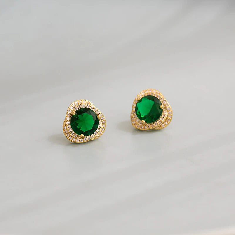 

Luxury Female Zircon Stone Gold Round Flower Earrings Fashion Crystal Green Shiny Stud Earring Vintage Women Wedding Jewelry