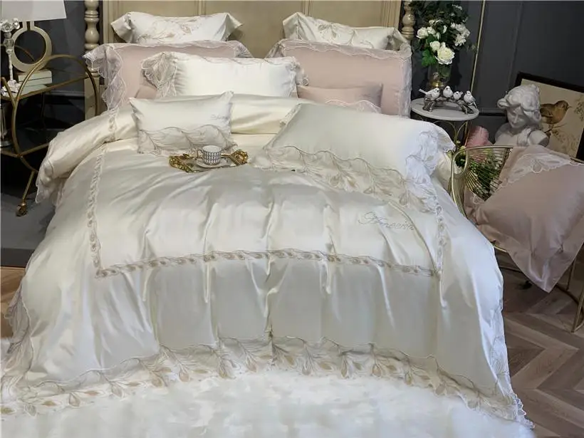 

Lace Edge Egyptian Cotton Duvet cover set Yellow Cream White Bedding set for Girls Women Queen King size Duvet Cover Bed sheets