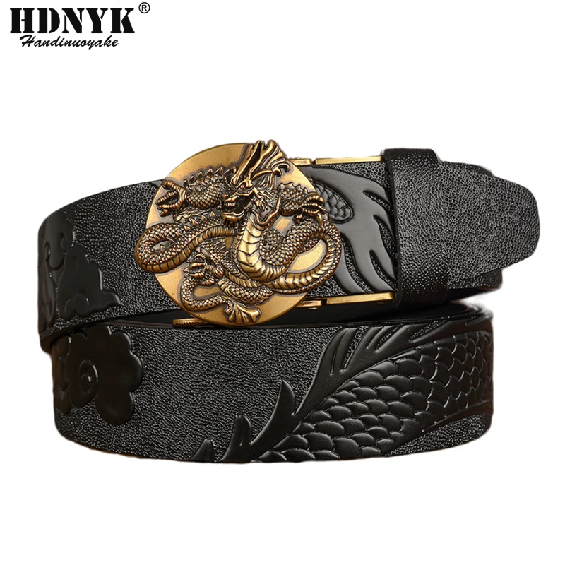 New Fashion Chinese Dragon Pattern Belts Genuine Cow Leather Belts for Men Top Quality Men Belt Dragon Automatic Buckle for Gift