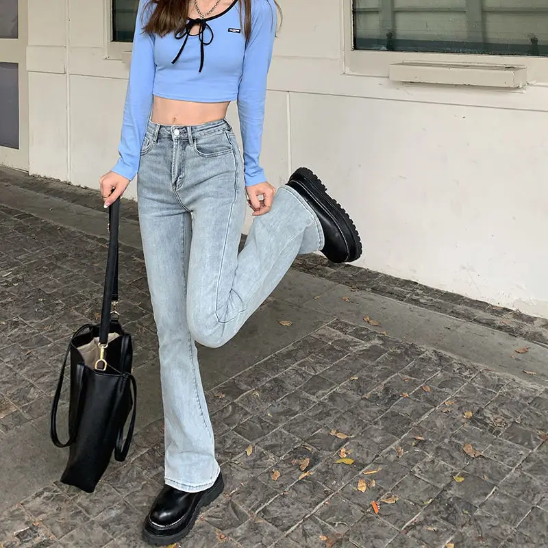 

Women Jeans BlUE Flare Pants Front Side Slit Leg 2021 Fall High Waisted Bell Bottom Jeans Full Length Denim Clothes jeans woman