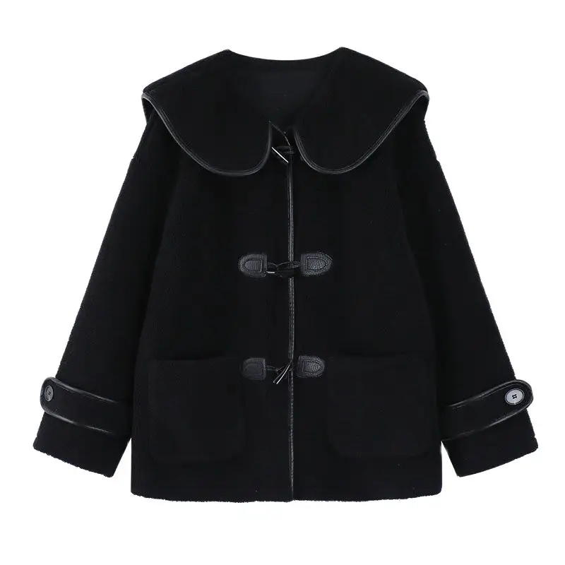 

Women's Fur Jacket Coat Loose Warm Thicken Lamb Wool Winter Preppy Style Vintage Lapel Female Teddy Coats Horn Button Streetwear