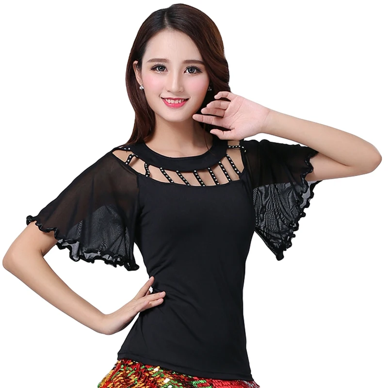

2020 New Dance Shirt Women Latin Modern Ballroom Dance Costumes Elegant Stage Short Sleeve Festival Rave Wear Dance Tops L-4XL