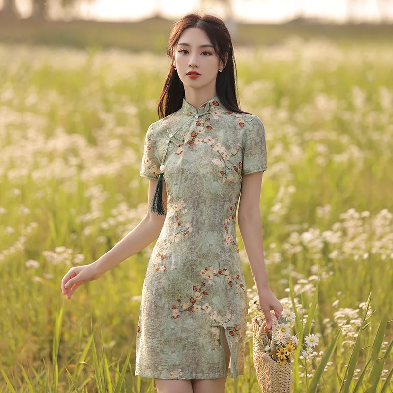

Sexy Slim Summer Short Women Qipao Vestidos Improves Print Chinese Dress Classis Mandarin Collar Cheongsams Elegant Formal Gown