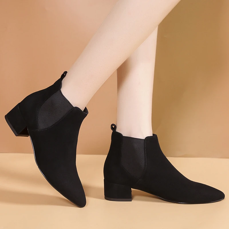 

Autumn New Women's Chelsea Boots Pointed Toe Suede Mid-heel Short Boots Lightweight Comfortable Casual Shoes Square Root Boots