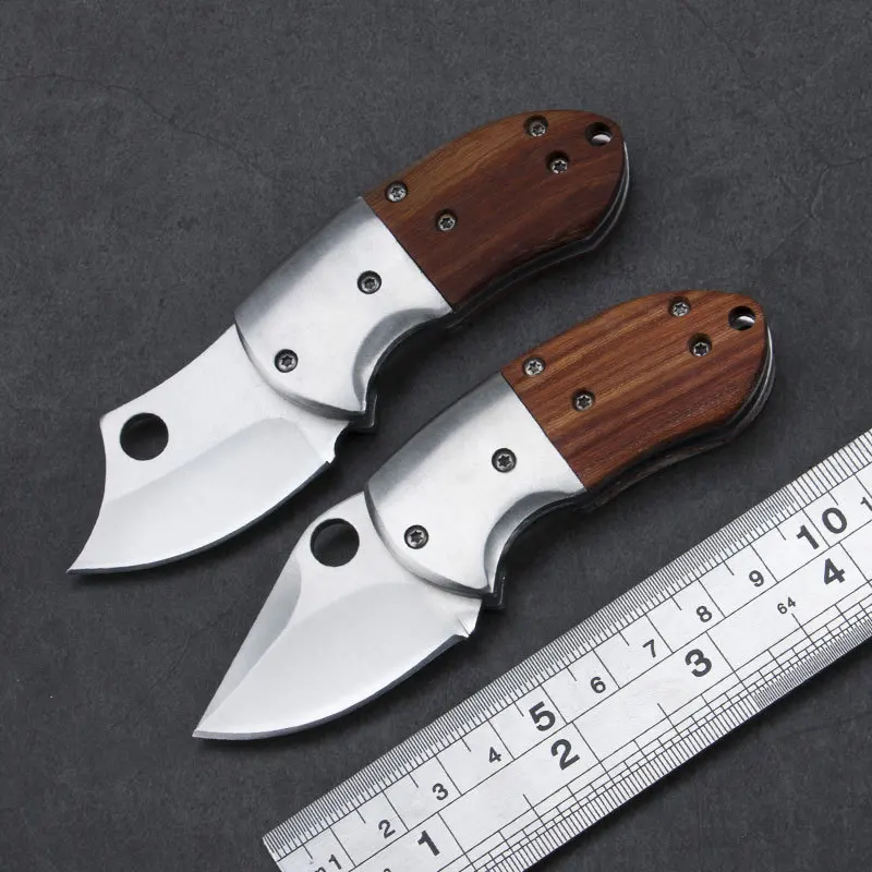 

Damascus Folding Knife Self-defense Sharp Mini Portable Fruit Knife with Wooden Handle Carry Keychain Open Express Knife