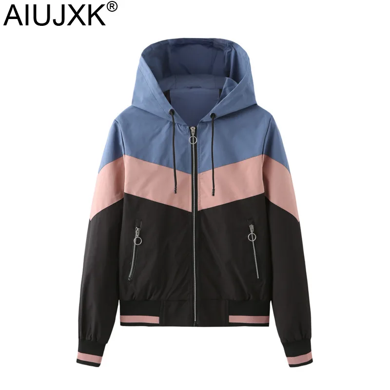 

AIUJXK Women's Thin Windbreaker Jacket Spring Autumn Hooded Outdoor Zipper Rainproof Coat Female Patchwork Casual Outerwear
