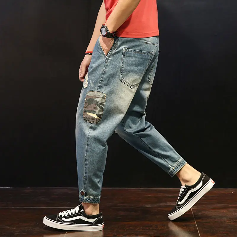 Jeans men's loose straight summer thin hole-breaking workwear casual tide brand Korean version of the trend Ankle-length Pants