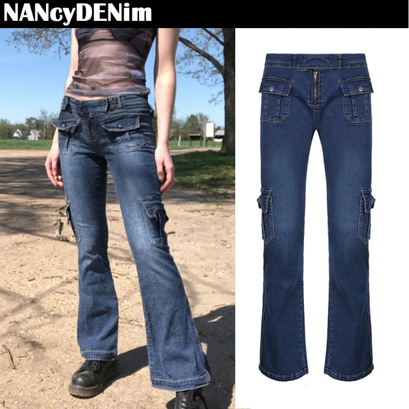 

Women 2021 Vintage Low Waist Bootcut Trousers Split Leg with 6 Pocket Aesthetic Denim Jeans E-Girls 90s Hot Pants Outfit Street