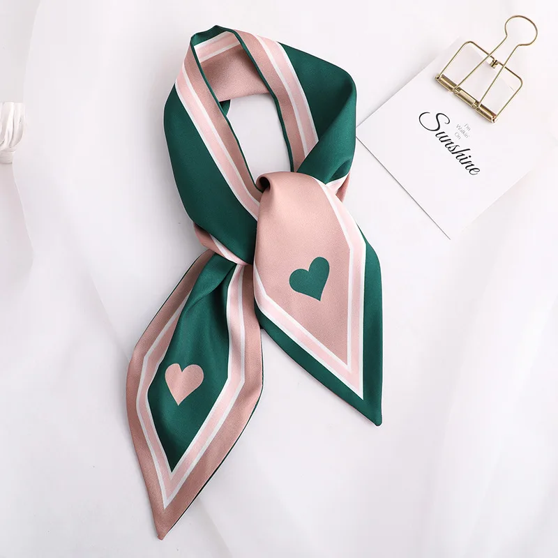 

Women Small Silk Scarf Handle Bag Ribbons Female Head Scarves Sharp angle Green 90*10cm
