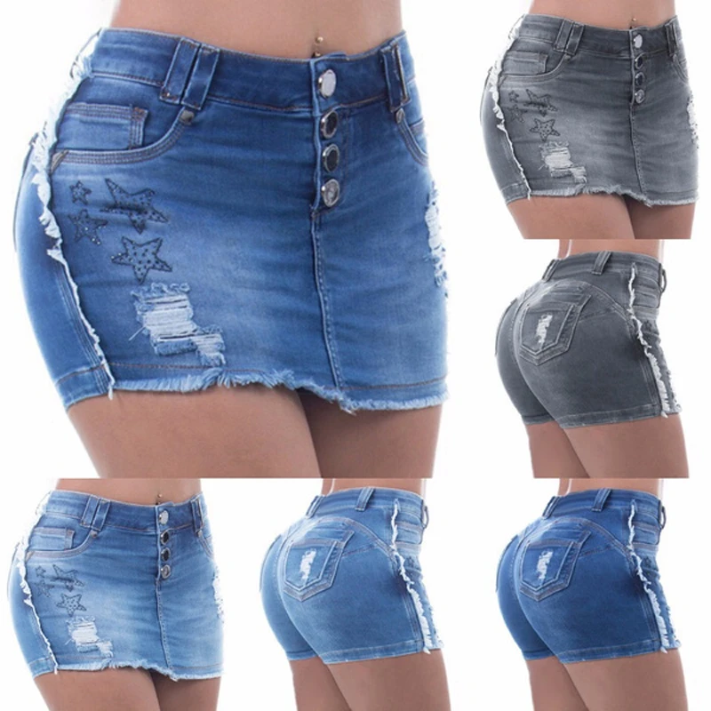 

Jean Shorts Women Summer Denim Skirt Shorts High Waist Skinny Ripped Washed Jeans Fashion Button Design Streetwear Plus Size