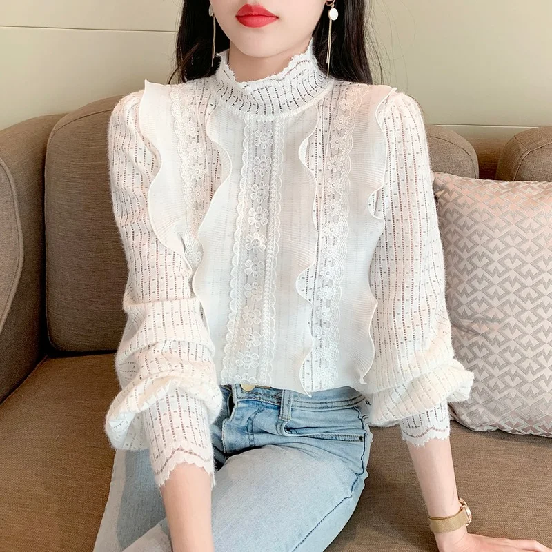 

Solid Women's Blouse O-neck Girl's Shirt Spring Autumn Casual Long Sleeve Top Loose Lace Clothing Lady Blusas Houthion
