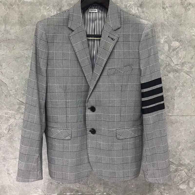 

2021 Fashion Brand Blazer Men Clothing Gray Lattice Formal Suit Slim Casual Jacket Single Breasted Wool Winter Coat
