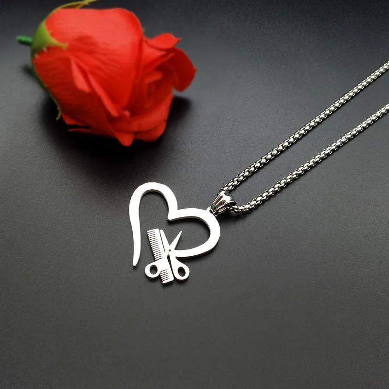 

Silver Color Heart Love Jewelry Necklace Tools Scissor Comb Pendants Necklace Barber Shop Hair Dresser Present Necklace Collar