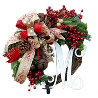 christmas fake red berries bowknot bells wreath with pinecones artifical leaves simulation garland front door decoration