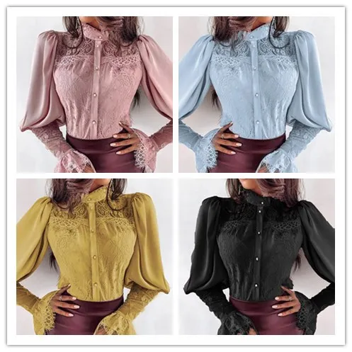 

Elegant Fashion Women'S Blouses Lace Patchwork Long Puff Sleeve Buttoned Shirts Office Ladies Casual Wear Female 2020