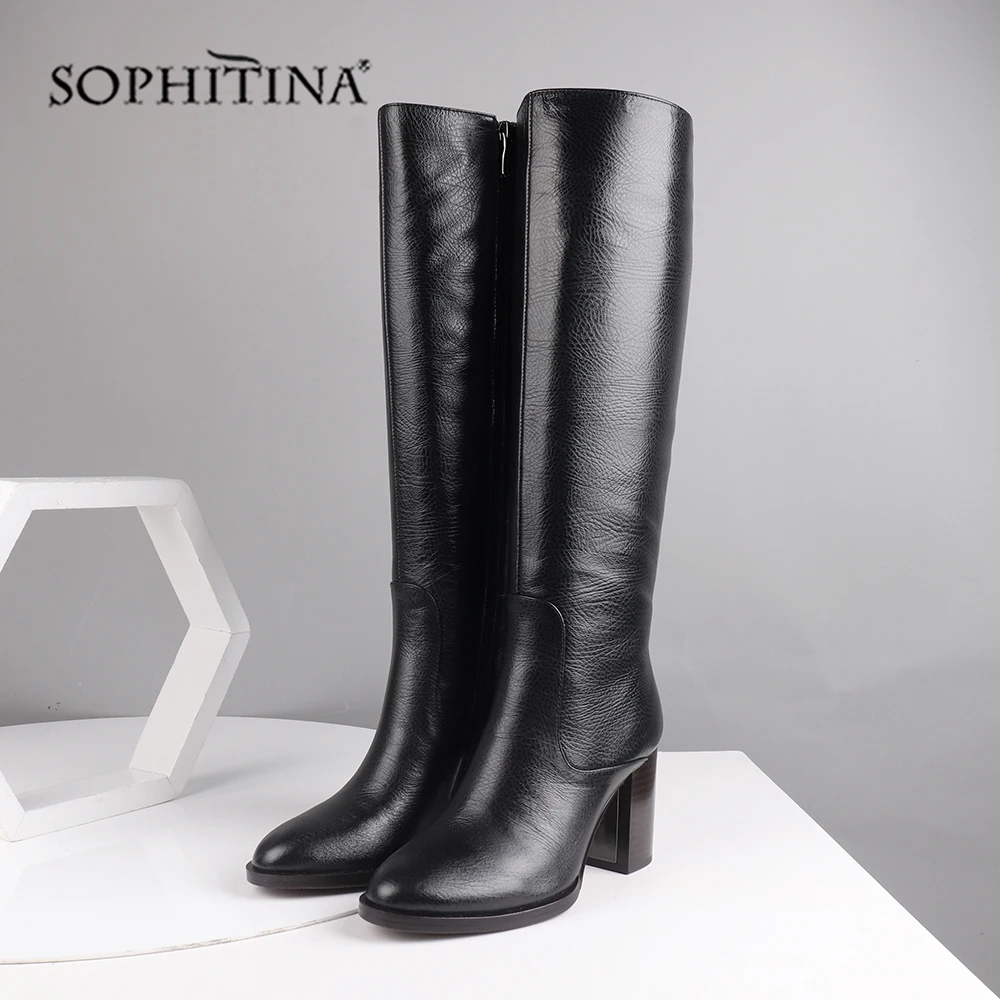 SOPHITINA/Новые сапоги до колена; удобная модная женская обувь с круглым носком на квадратном каблуке; сапоги из натуральной кожи; PC217