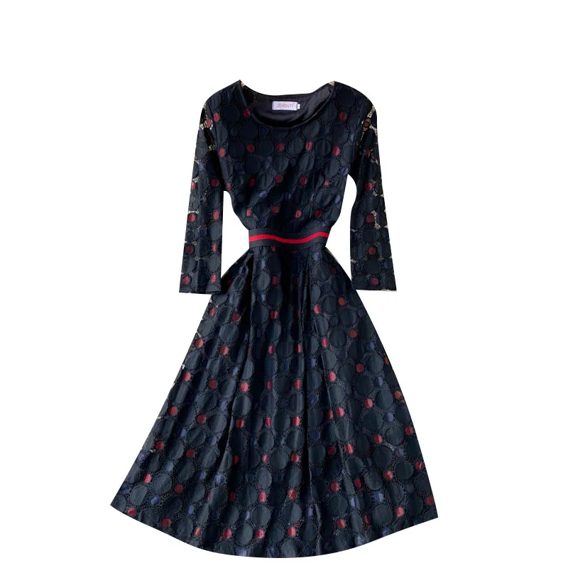 

2021 New Spring Women's Vestidos Round Neck Contrast Color Polka Dot Elegant Lace Temperament Midi Dress GK544