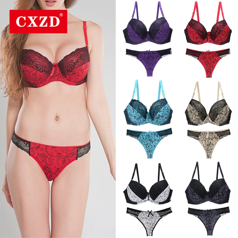

CXZD Sexy Women Lace Embroidered Padded Lingerie Underwire Lingerie Set Push up Bra Briefs Sets