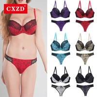 cxzd sexy women lace embroidered padded lingerie underwire lingerie set push up bra briefs sets